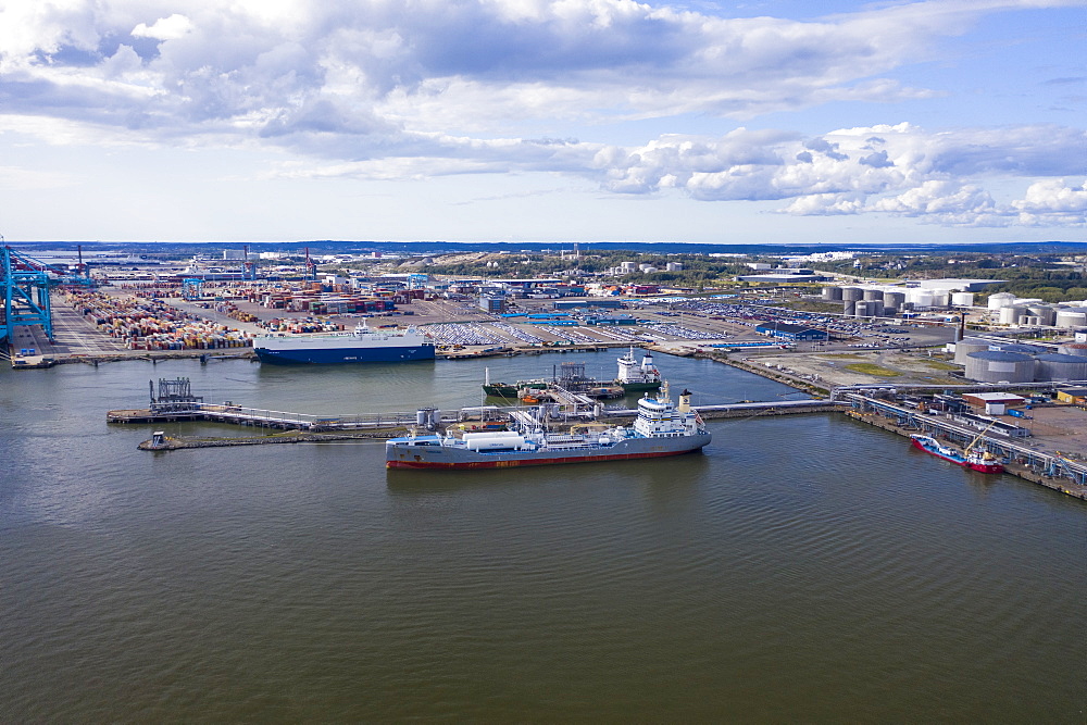 Aerial view by drone of the harbor by Volvo factory and museum, Gothenburg, Sweden, Scandinavia, Europe