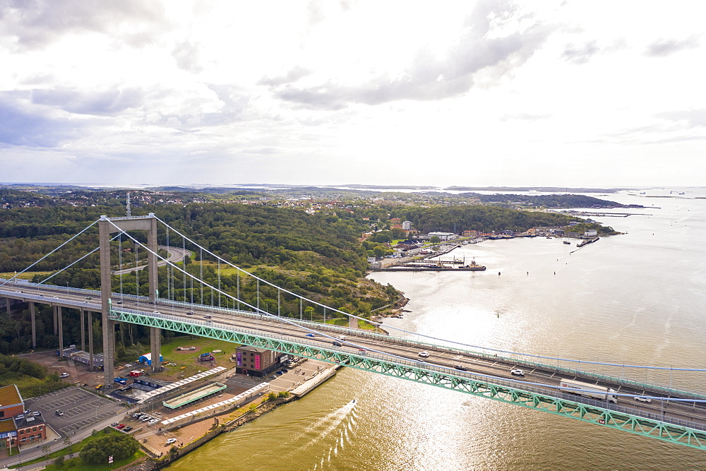 Aerial view by drone of Radasten Art Hall and Alvsborgsbron bridge crossing to Hesingen (Hisingen) Island, Gothenburg, Sweden, Scandinavia, Europe