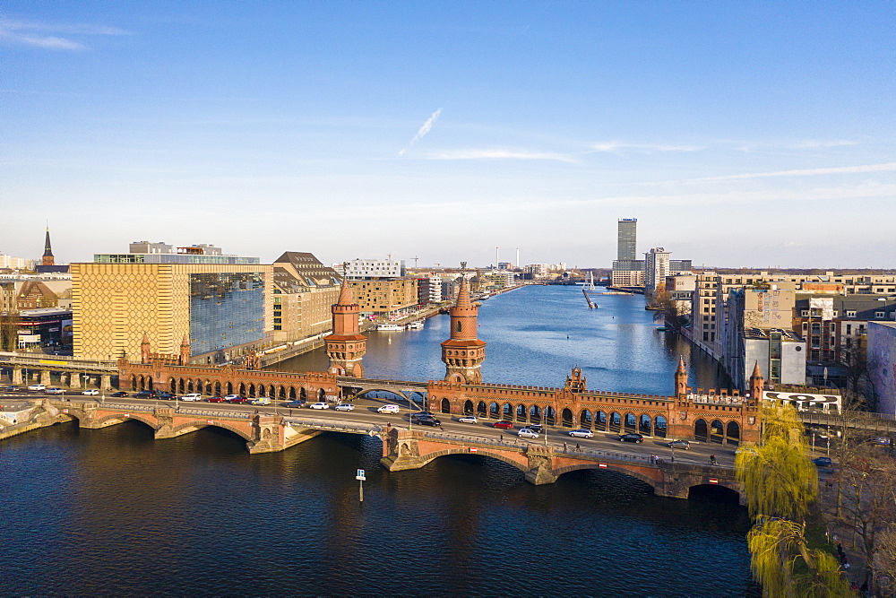 View from above of Oberbaum bridge, Spree River and Treptower park in the background, Berlin, Germany, Europe