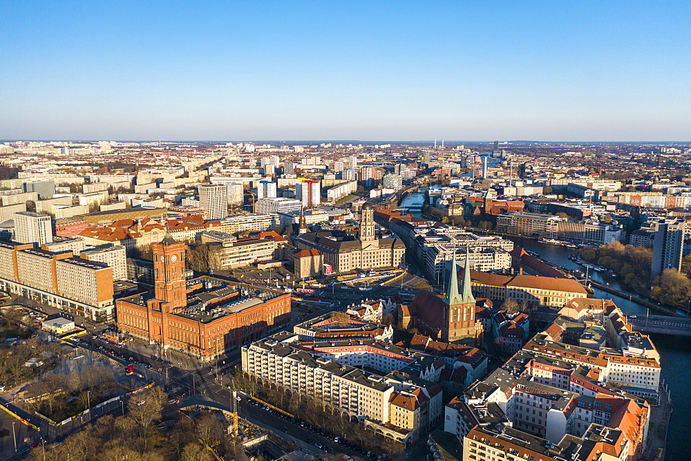 View of Rotes Rathaus (City town hall) and Nikolaiviertel (St. Nicolas Church Quarter) in Berlin Mitte, Berlin, Germany, Europe