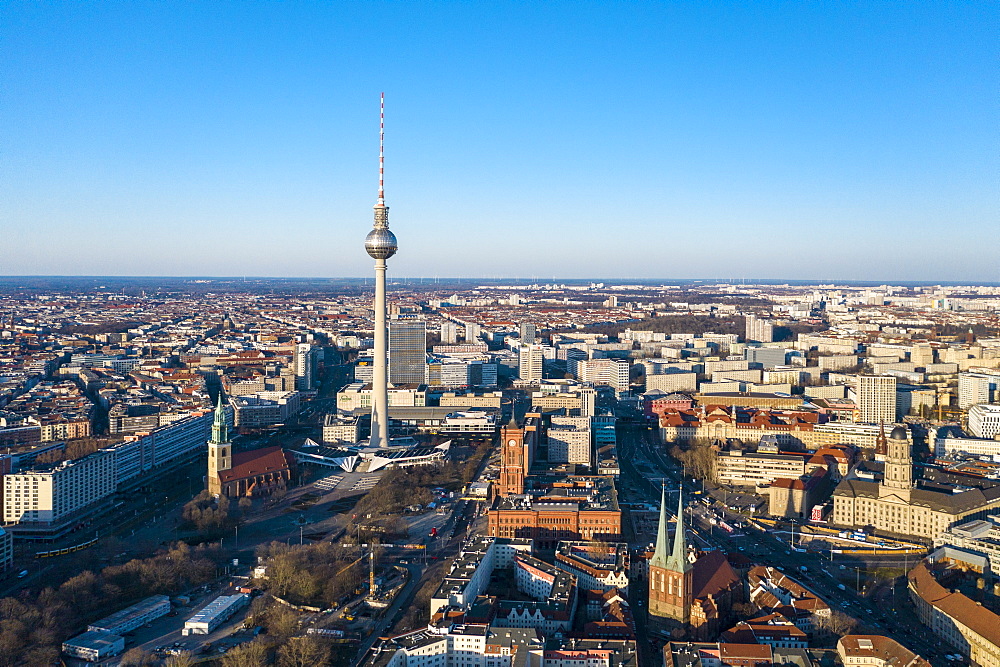 View of Alexander Platz with TV tower, Rotes Rathaus city hall and St. Marienkirche church, Berlin, Germany, Europe