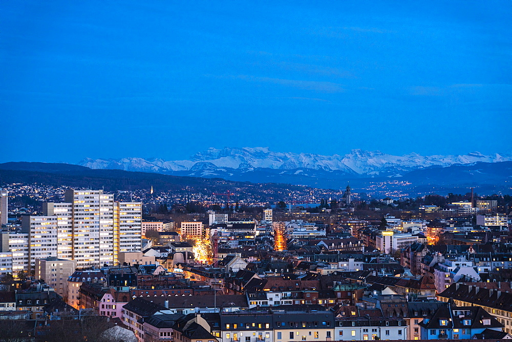 View of Zurich district 4 and 5 from above at night, Zurich, Switzerland, Europe