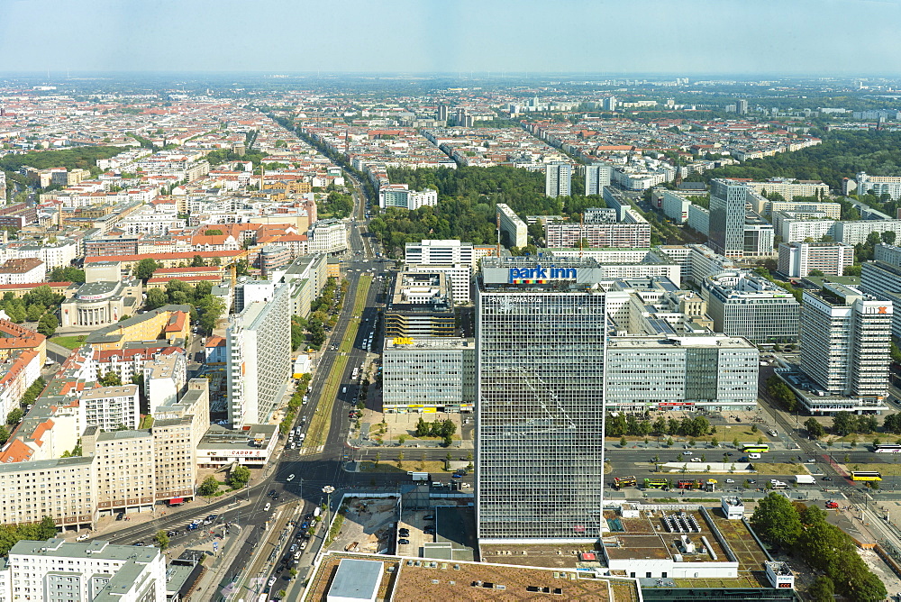 Aerial view of Park Inn hotel and Alexander Platz with Prenzlauer Berg in the background, Berlin, Germany, Europe