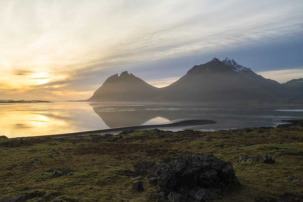 View of the mountains by Hofn at sunrise, Iceland, Polar Regions