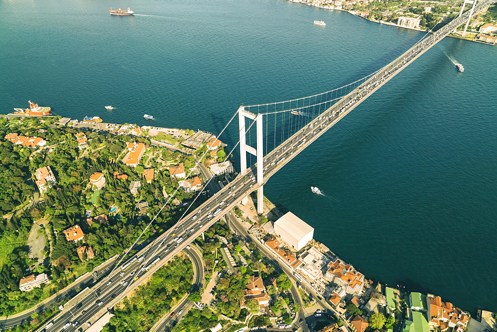 Aerial view of the Bosphorus Bridge in Besektas, Istanbul, Turkey, Europe