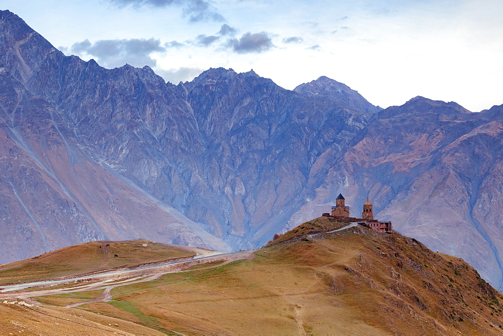 Gergeti Trinity Church in the North of Georgia, Central Asia, Asia