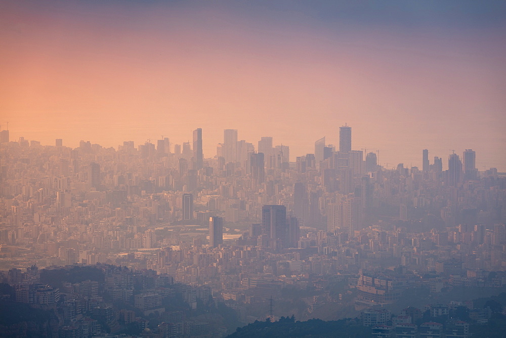 Looking towards Beirut to Aley (high ground), during golden hour on a hazy day, Beirut, Lebanon, Middle East