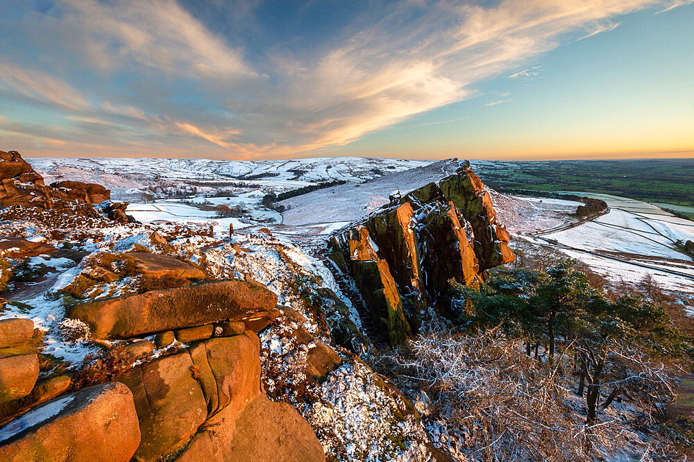 Snow capped view of Hen Cloud, The Roaches, Peak District, Staffordshire, England, United Kingdom, Europe