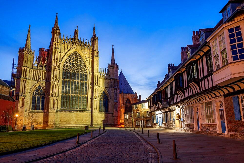 York Minster and College Street at night, City of York.