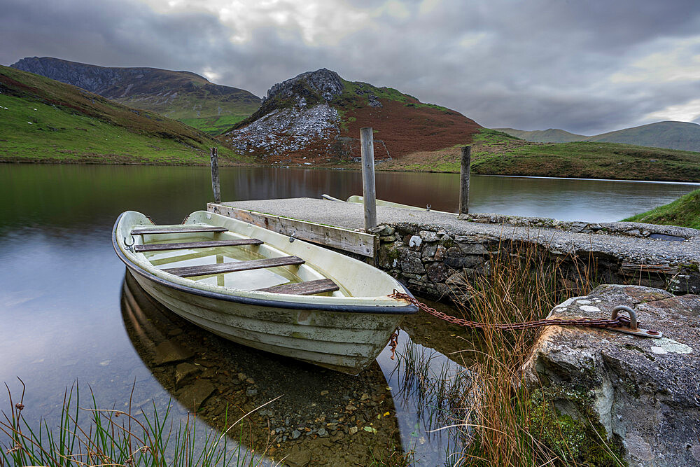 Boats at Llyn y Dywarchen near Rhyd Ddu in Snowdonia National Park in Wales