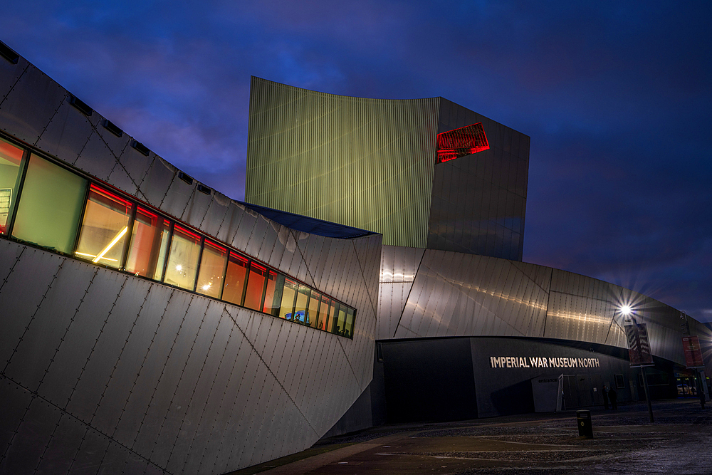 Imperial War Museum North at night, Salford Quays, Manchester