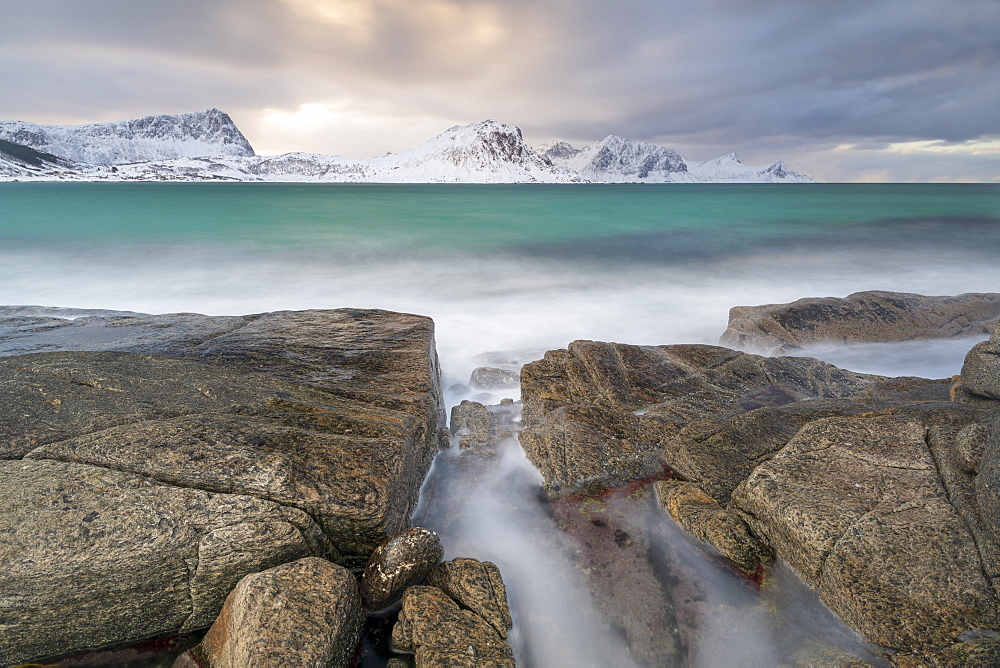 A long exposure at Haukland Beach with moody sky, Lofoten, Nordland, Arctic, Norway, Europe