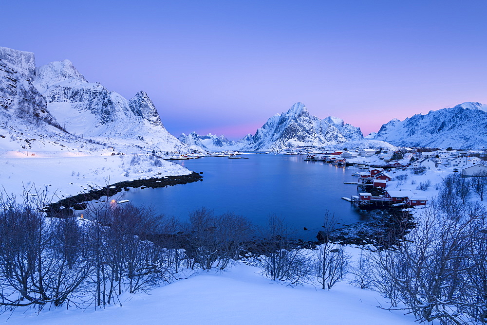 Sunrise at Fishing village Reine in winter, Reinefjord, Moskenesoya, Lofoten, Arctic, Norway, Europe