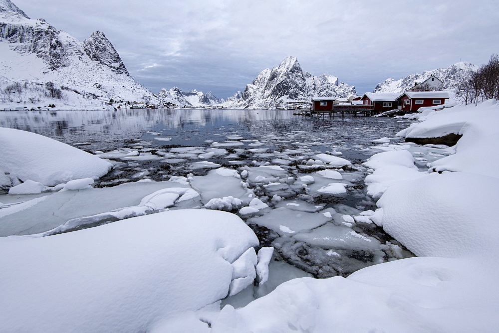 Traditional houses at Reine, Moskenes, in the Lofoten Islands in winter, Arctic, Norway, Europe