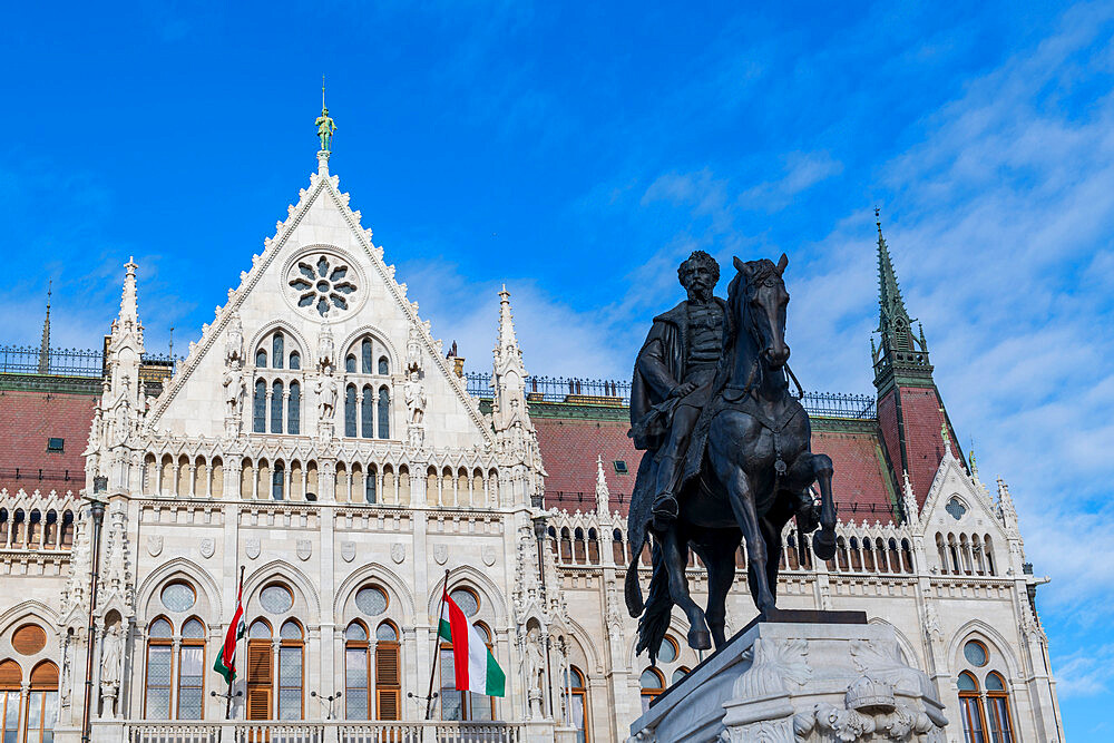 The Hungarian Parliament Building and statue of Gyula Andressy, Budapest, Hungary, Europe