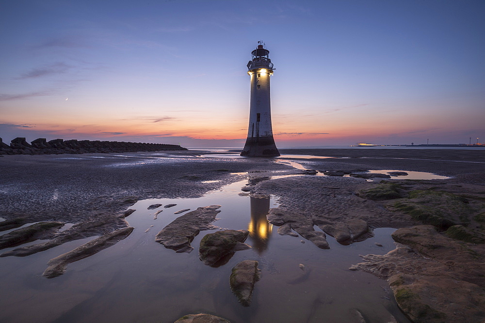 Perch Rock Lighthouse with evening moon, New Brighton, Merseyside, The Wirral, England, United Kingdom, Europe