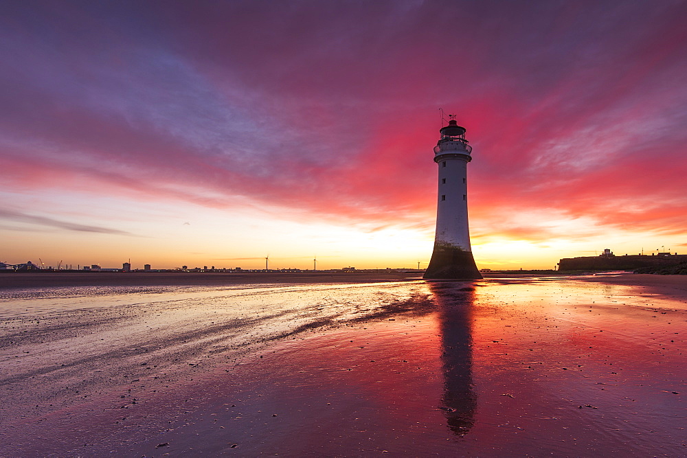 Incredible sunrise at Perch Rock Lighthouse, New Brighton, Merseyside, The Wirral, England, United Kingdom, Europe