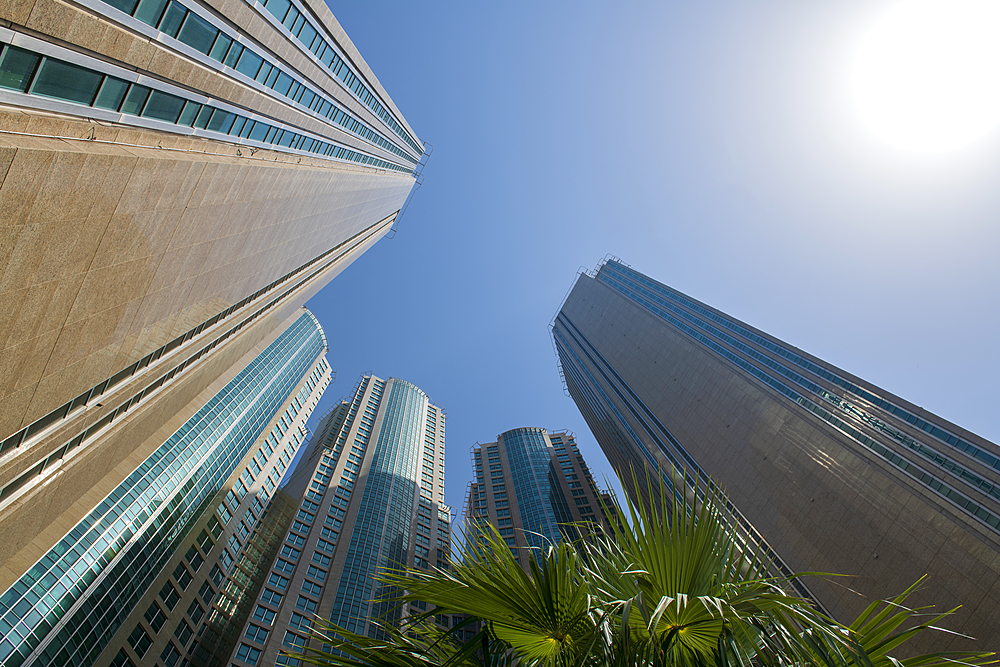 Skyward view of skyscrapers, Abu Dhabi, United Arab Emirates, Middle East