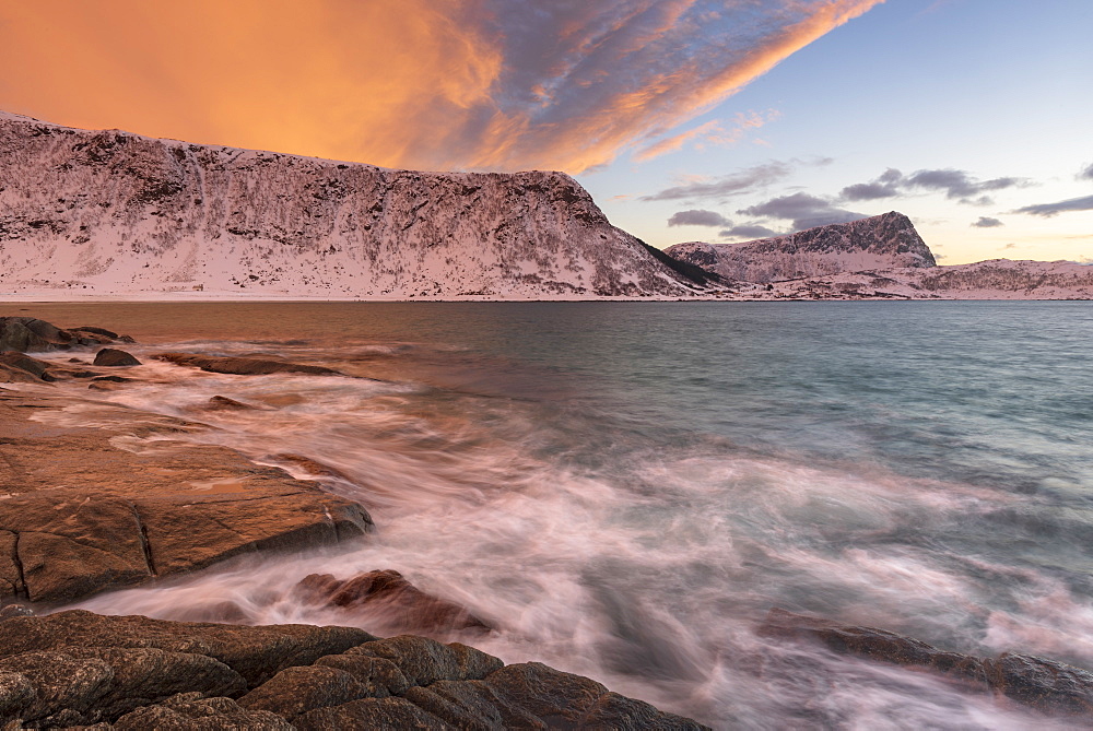 Dramatic sunset at Haukland Beach, Lofoten, Nordland, Arctic, Norway, Europe