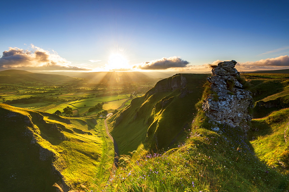 Intense sunrise over Edale Valley from Winnats Pass, Hope Valley, Peak District, Derbyshire, England, United Kingdom, Europe