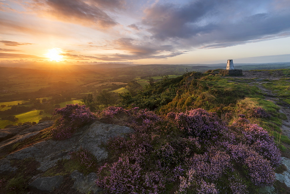 The survey point at Cloudside with amazing sunrise in summer, Congleton, Cheshire, England, United Kingdom, Europe