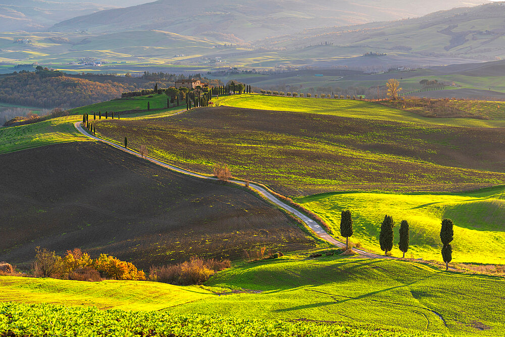 Rolling landscape with farm house, Tuscany, Italy, Europe