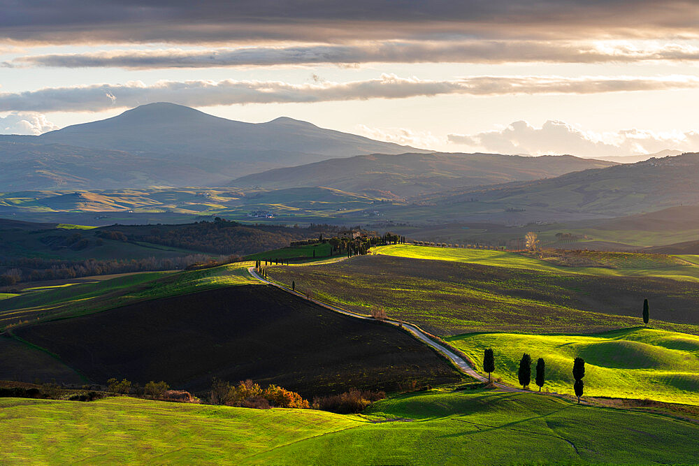 Rolling landscape with farm house, Tuscany, Italy, Europe