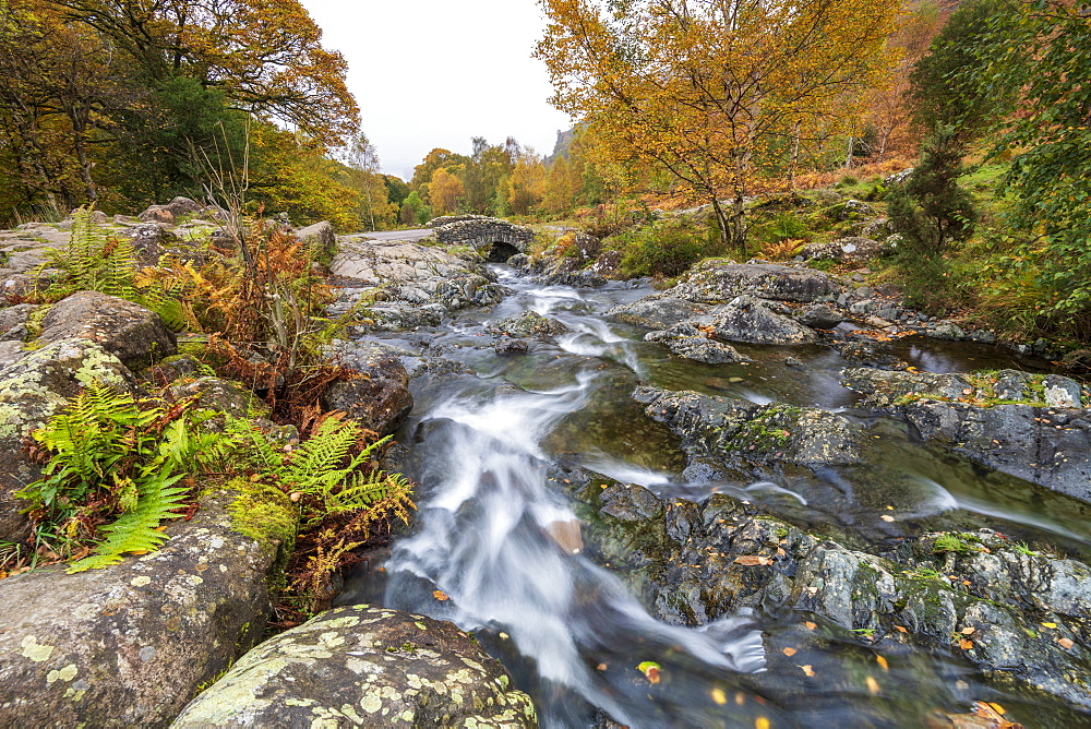 Ashness Bridge and river in autumn, Lake District National Park, UNESCO World Heritage Site, Cumbria, England, United Kingdom, Europe