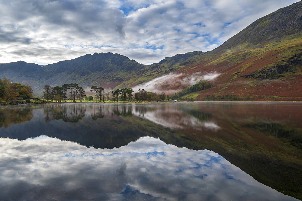 Buttermere reflections in the lake, Lake District National Park, UNESCO World Heritage Site, Cumbria, England, United Kingdom, Europe