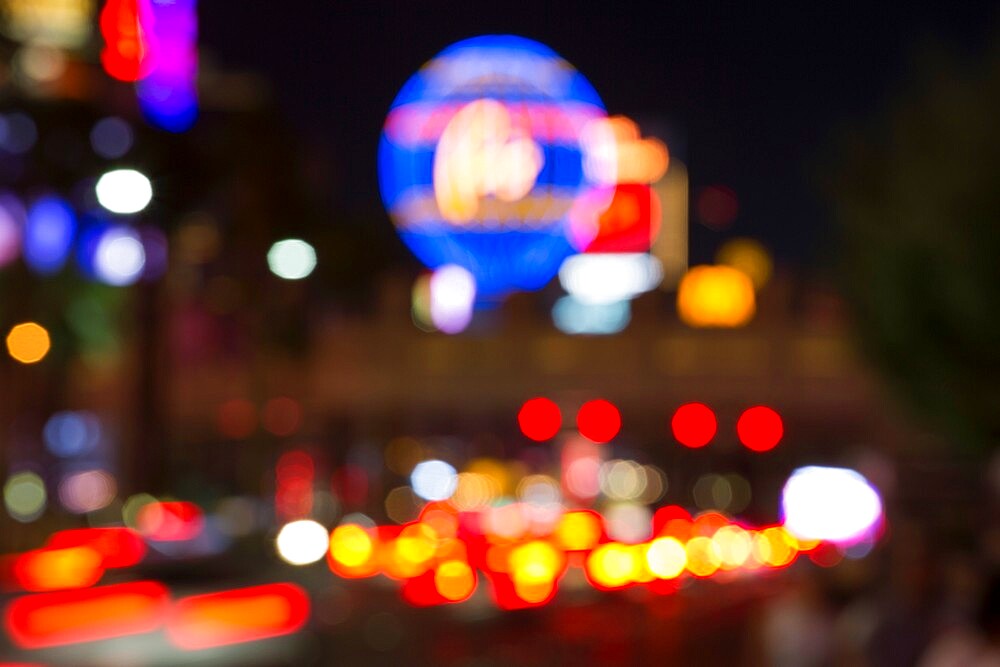 Defocused view along the Strip by night, colourful neon lights creating an abstract pattern, Las Vegas, Nevada, United States of America, North America