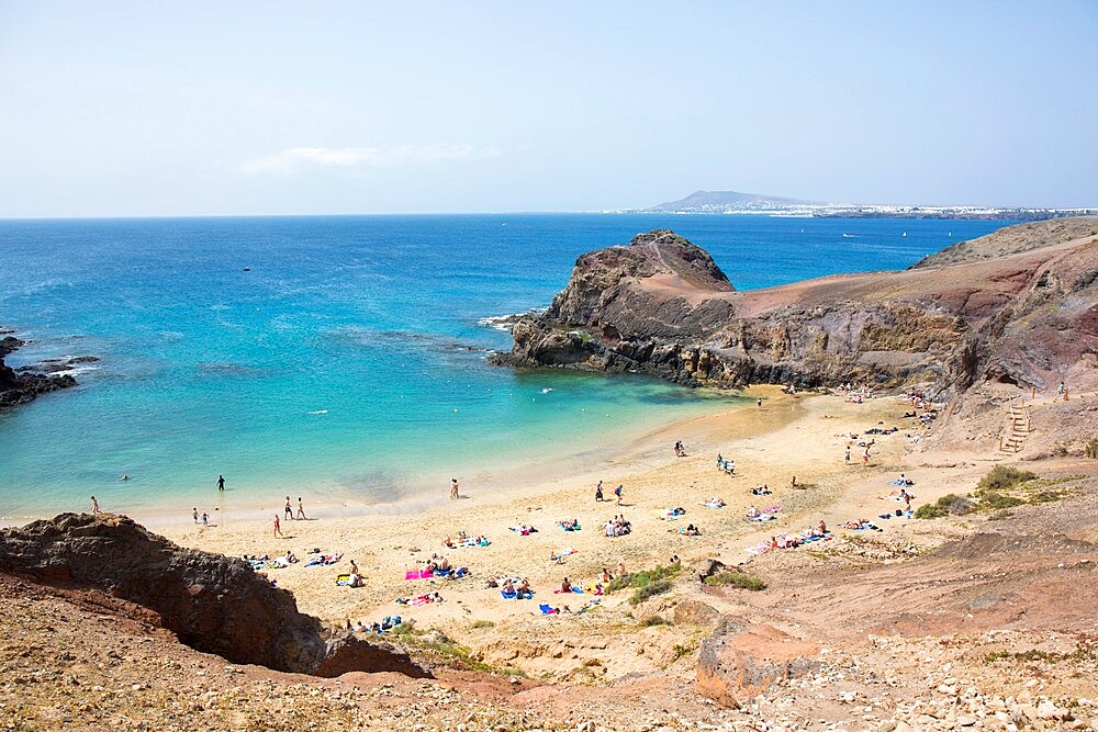 View over Playa del Papagayo from cliff top behind the beach, Playa Blanca, Yaiza, Lanzarote, Las Palmas Province, Canary Islands, Spain, Atlantic, Europe