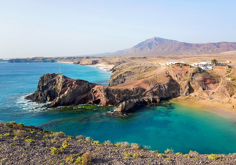 View along coast from cliff top above Playa del Papagayo, Playa Blanca, Yaiza, Lanzarote, Las Palmas Province, Canary Islands, Spain, Atlantic, Europe