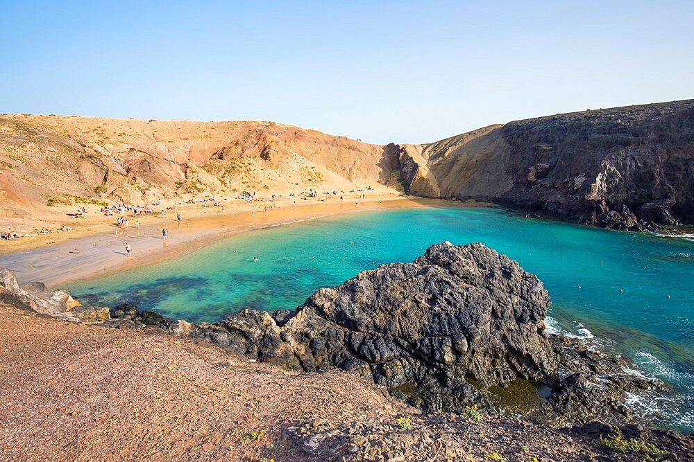 View over Playa del Papagayo from cliff top above the beach, Playa Blanca, Yaiza, Lanzarote, Las Palmas Province, Canary Islands, Spain, Atlantic, Europe