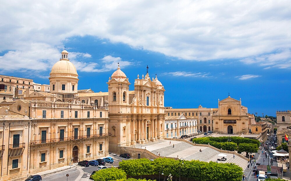 View to the Cathedral of San Nicolo from roof of the Church of San Carlo al Corso, Noto, UNESCO World Heritage Site, Syracuse (Siracusa), Sicily, Italy, Europe