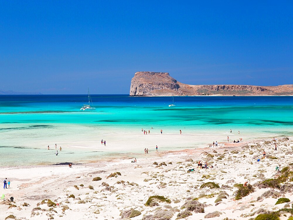 View over Balos Beach to Gramvousa Bay and the island of Imeri Gramvousa, near Kissamos, Hania (Chania), Crete, Greek Islands, Greece, Europe