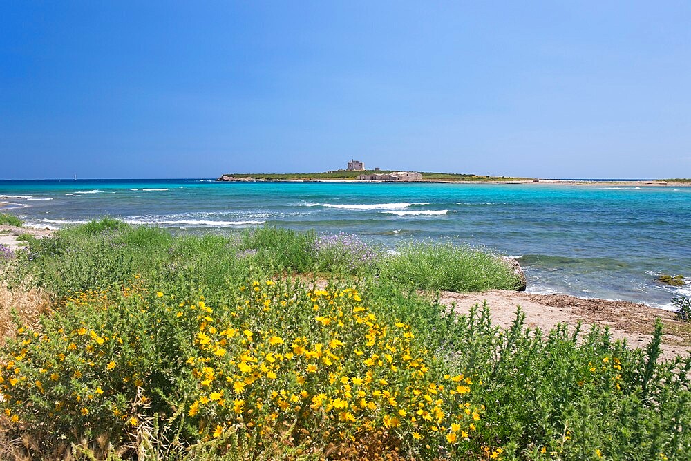 View across bay to the island fortress of Capo Passero, Portopalo di Capo Passero, Syracuse (Siracusa), Sicily, Italy, Europe