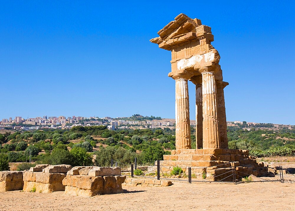 Reconstructed section of the Temple of Castor and Pollux, UNESCO World Heritage Site, Valley of the Temples, Agrigento, Sicily, Italy, Mediterranean, Europe