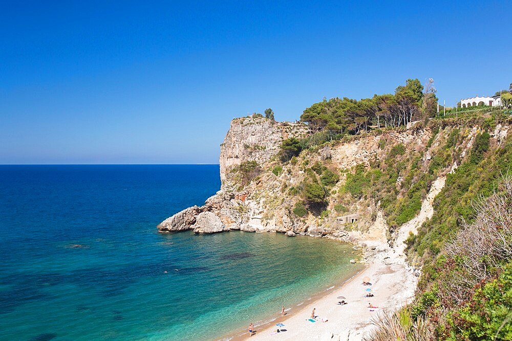 Rocky headland marking the southern end of Guidaloca Beach, Scopello, Castellammare del Golfo, Trapani, Sicily, Italy, Mediterranean, Europe