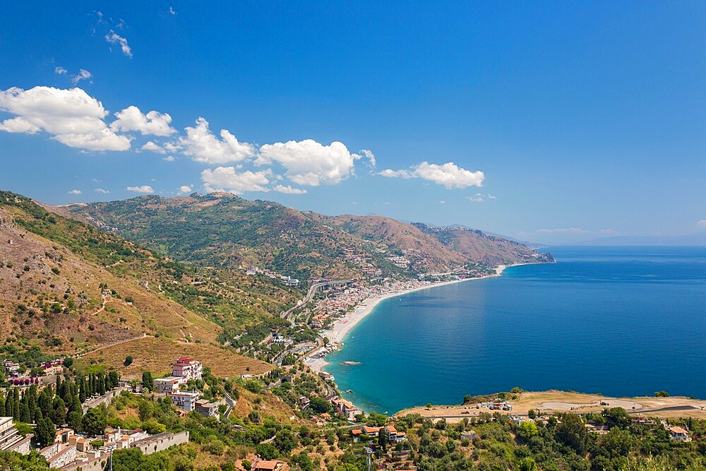 View from the Greek Theatre to the Ionian Sea beach resorts of Mazzeo and Letojanni, Taormina, Messina, Sicily, Italy, Mediterranean, Europe