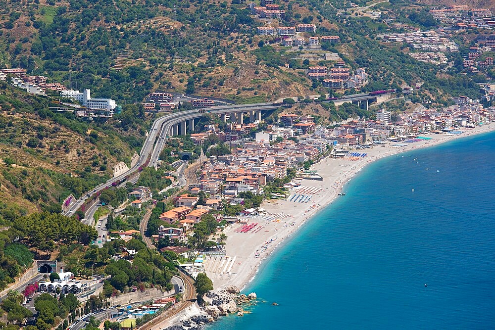 View from the Greek Theatre to the Ionian Sea beach resort of Mazzeo, Taormina, Messina, Sicily, Italy, Mediterranean, Europe