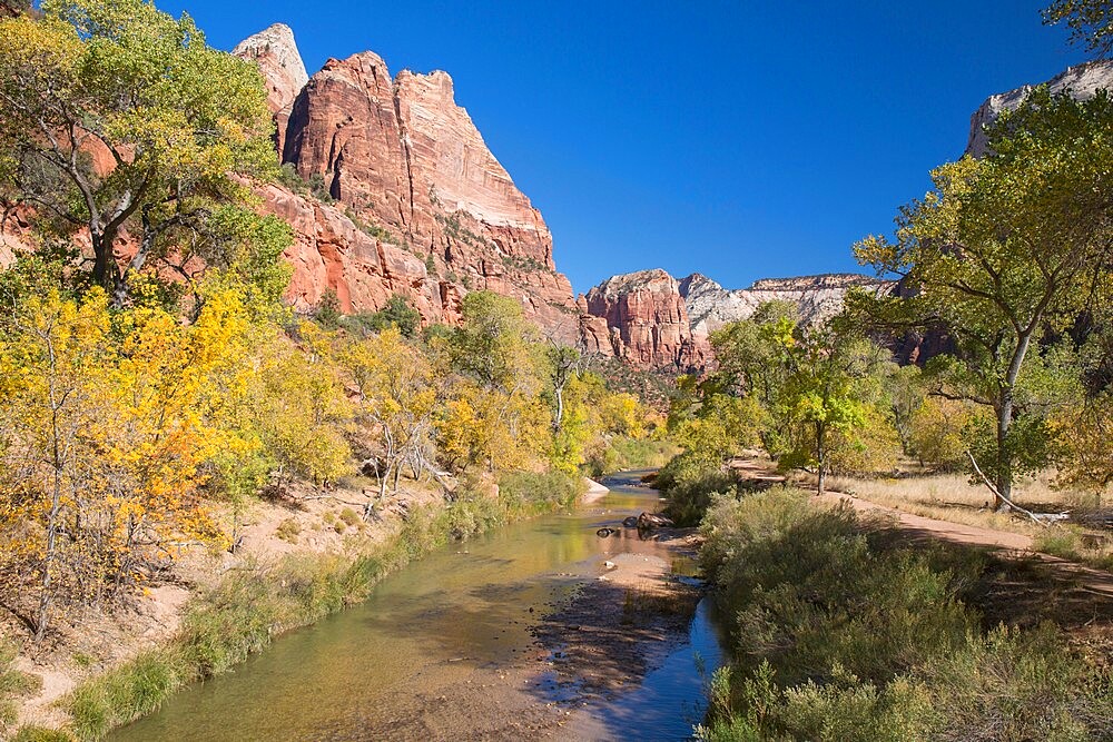 View along the Virgin River to Angels Landing from the Emerald Pools Trail, autumn, Zion National Park, Utah, United States of America, North America