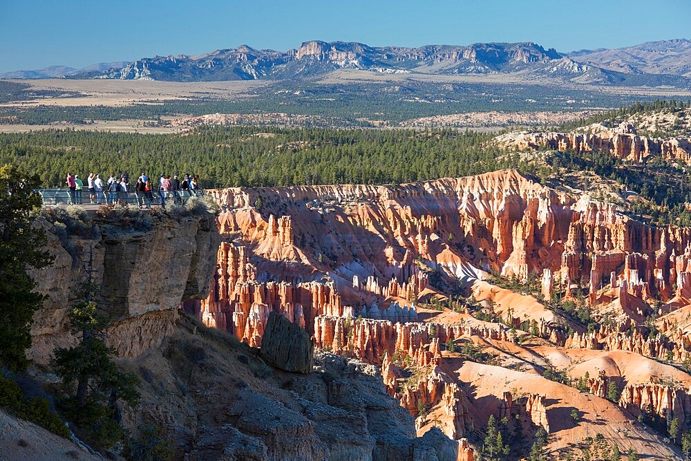 Visitors looking down into Bryce Amphitheatre from the Rim Trail at Bryce Point, Bryce Canyon National Park, Utah, United States of America, North America