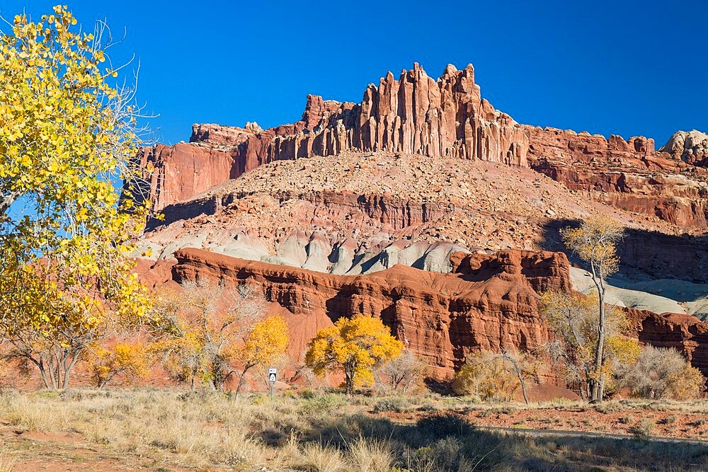 The Castle, an iconic sandstone peak forming part of the Waterpocket Fold, autumn, Fruita, Capitol Reef National Park, Utah, United States of America, North America