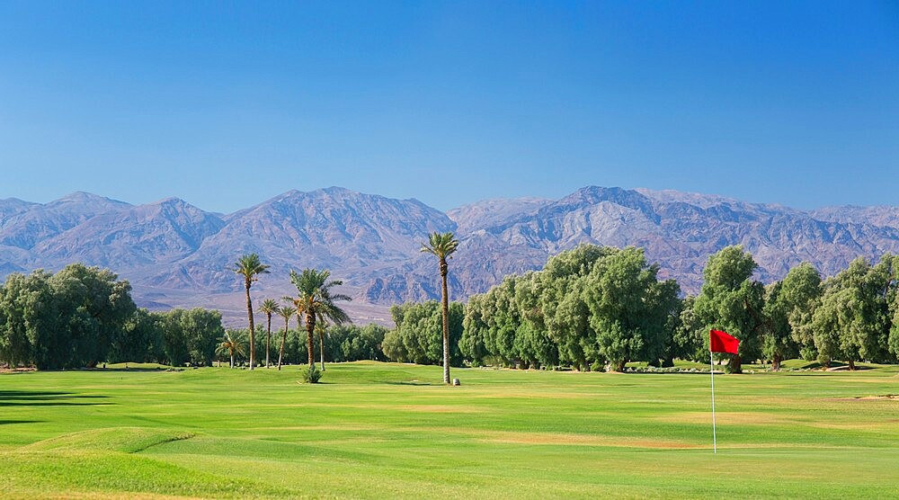 View to the Panamint Range from the world's lowest-lying golf course, Furnace Creek, Death Valley National Park, California, United States of America, North America