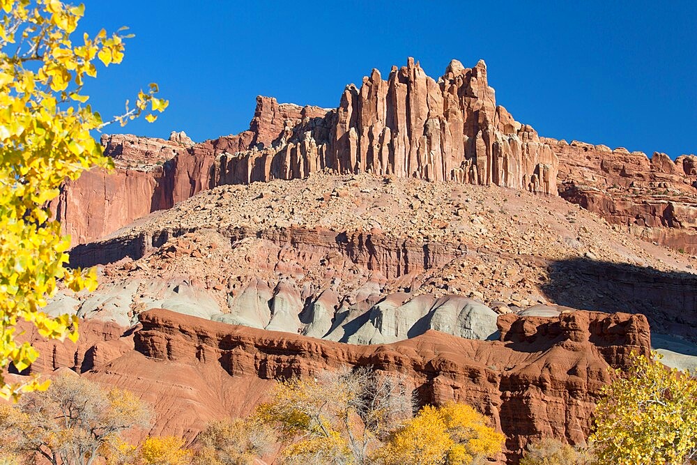 The Castle, an iconic sandstone peak forming part of the Waterpocket Fold, autumn, Fruita, Capitol Reef National Park, Utah, United States of America, North America