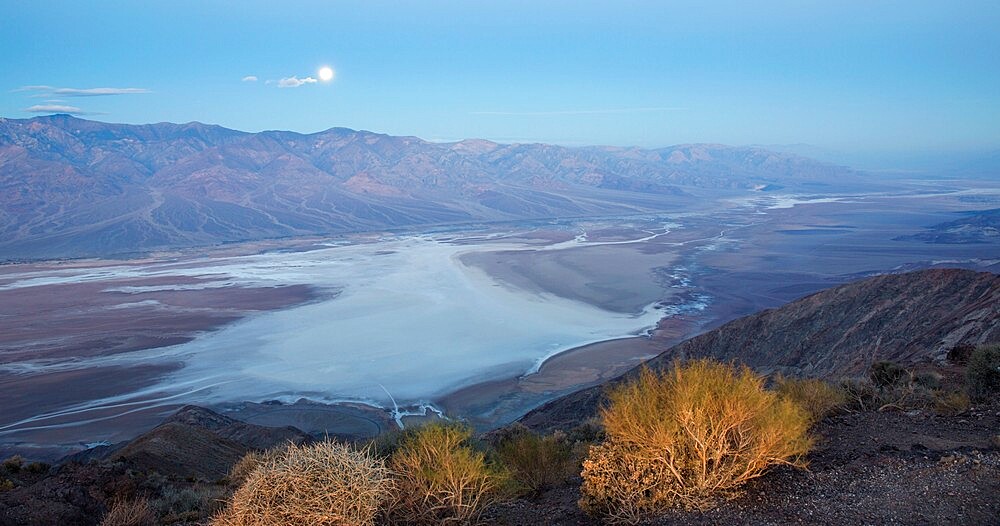 Panoramic view by moonlight over Badwater Basin to the Panamint Range, Dante's View, Death Valley National Park, California, United States of America, North America