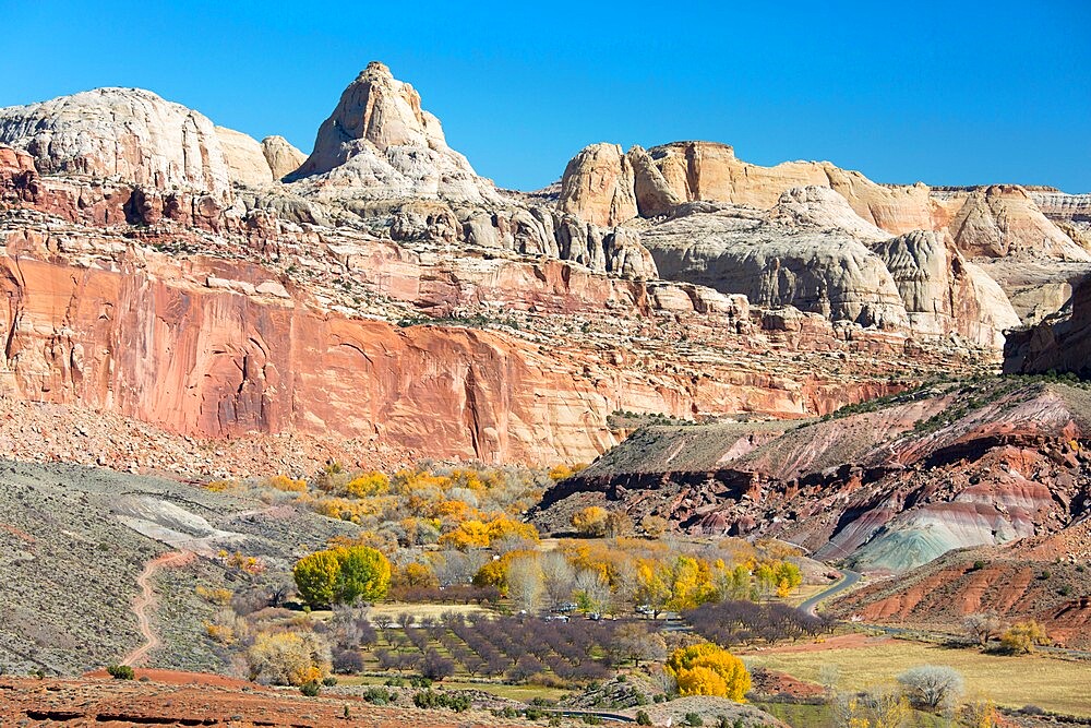 View across valley to the Waterpocket Fold from the Fremont River Trail, autumn, Fruita, Capitol Reef National Park, Utah, United States of America, North America