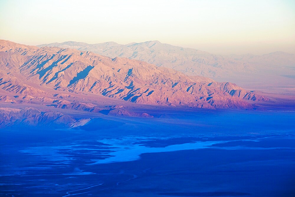 View over Badwater Basin to the Panamint Range, sunrise, Dante's View, Death Valley National Park, California, United States of America, North America