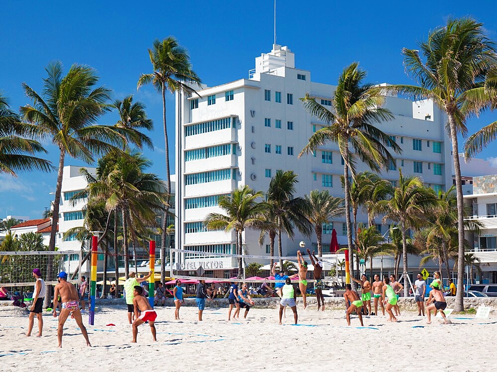 Sunday morning beach volleyball in Lummus Park, Ocean Drive, Art Deco Historic District, South Beach, Miami Beach, Florida, United States of America, North America