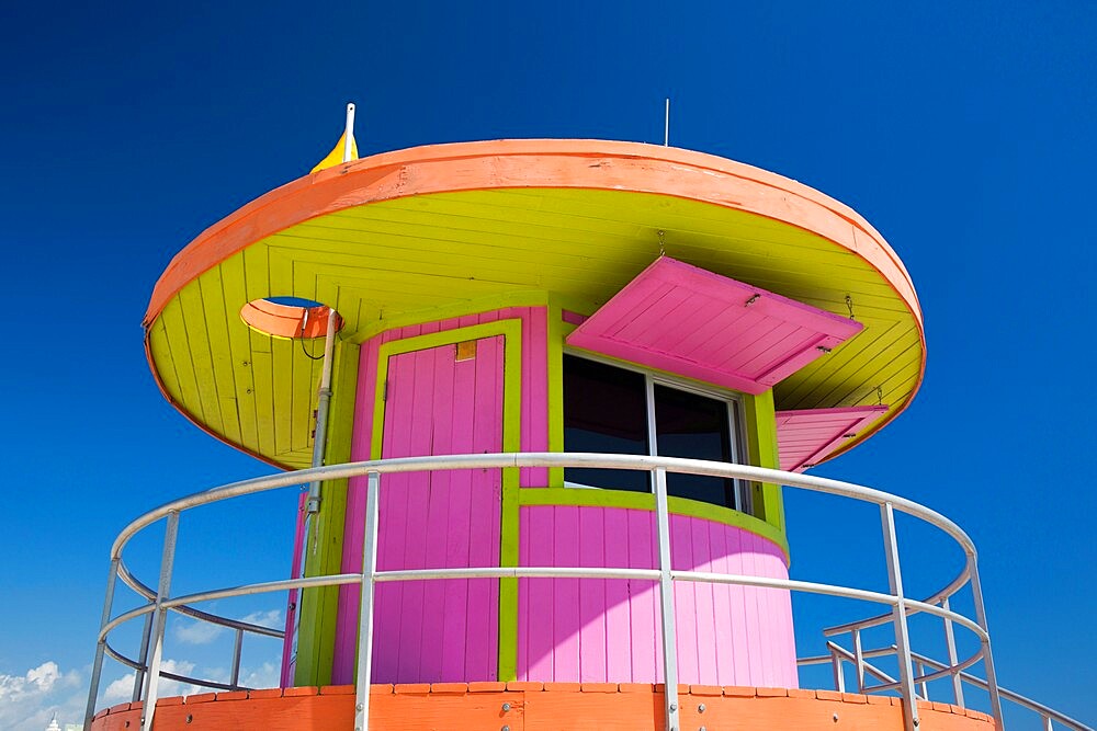 Colourful beach lifeguard station, low angle view, Art Deco Historic District, South Beach, Miami Beach, Florida, United States of America, North America